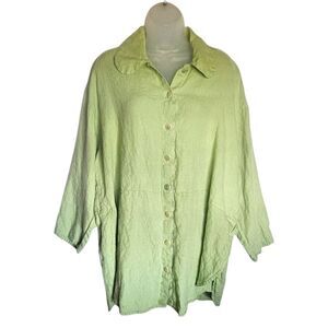 Flax Jeanne Engelhart Green Oversized Linen Tunic Button Up Lagenlook Shirt Sz S